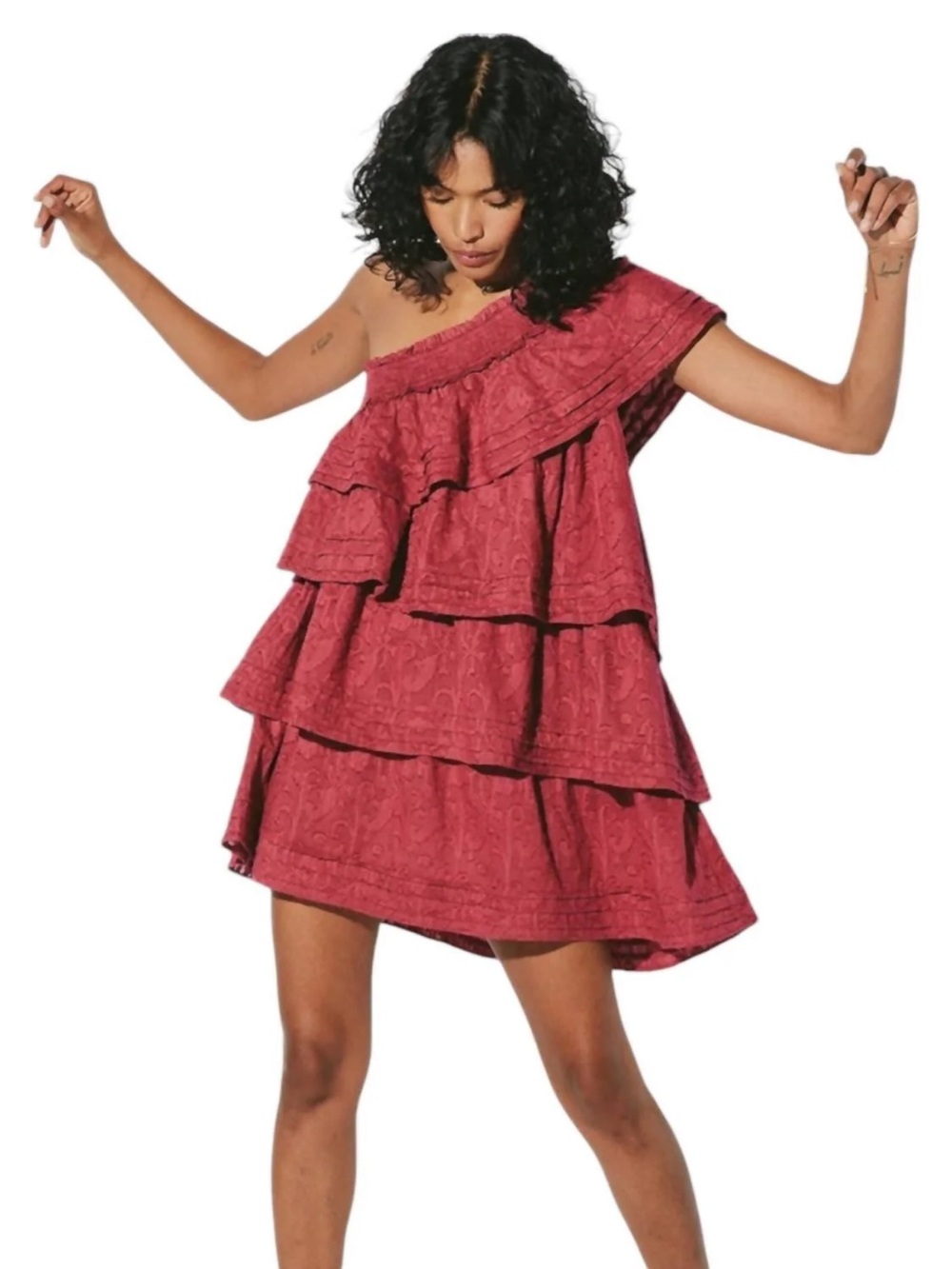 Cleobella One-Shoulder Tiered Ruffle Dress in Raspberry Rose - Picture 2 of 4